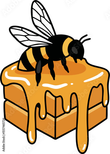 Cartoon bee perched on a dripping honey block.