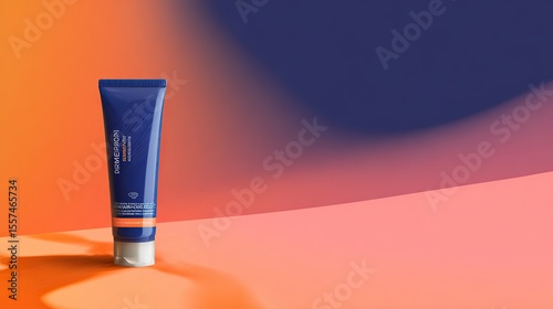 Dark blue toothpaste tube on orange pink gradient background, flat lay beauty product mockup. Beauty, cosmetics, product display, gradient, background, flatlay, toothpaste, tube, packaging, mockup. photo