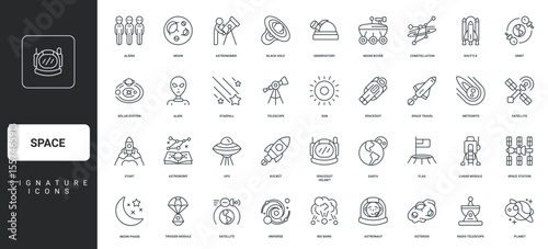 Astronaut, alien, flag on planet surface thin black symbols vector illustration. Space travel and spaceship, futuristic shuttle and observatory, constellation in universe line icon set.