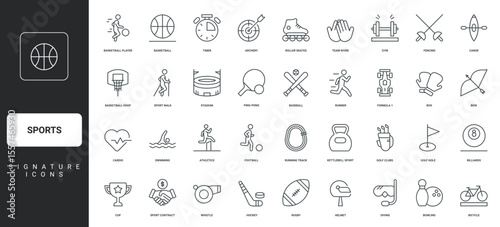 Boxing and basketball, baseball and hockey, golf, jogging thin black outline symbols vector illustration. Sports, team game competition and physical exercise in gym, trophy cup line icon set.