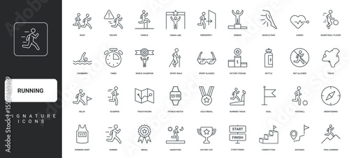 Shirt and water bottle of runner, medal and timer thin black outline symbols vector illustration. Running competition, start and finish of race distance, track, trophy of winner line icon set.