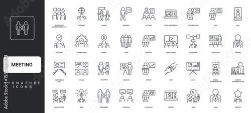 Relationship, teamwork of partners, woman and man leader thin black symbols vector illustration. Meeting and workshop, business training and planning, idea presentation online line icon set.