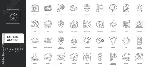 Emergency siren and shelter, tornado thin black symbols vector illustration. Extreme weather, severe wind and snow of storm, cold and heat, nature disaster and crisis location line icon set.