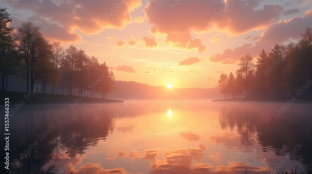 Fototapeta premium Serene lake at sunrise with colorful clouds reflecting on the calm water