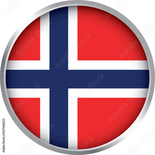 norway flag icon with red background and blue nordic cross in white border circular glossy button design

