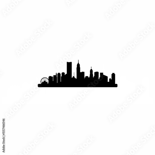 Silhouette of a bustling city skyline at night on white background