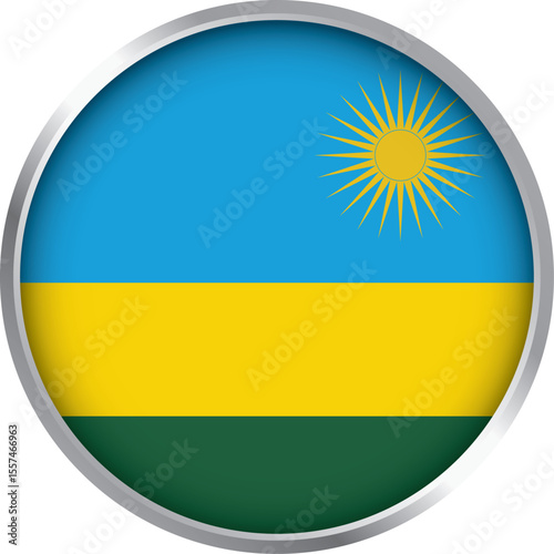rwanda flag icon with blue yellow green stripes and golden sun in upper corner in circular glossy button design

