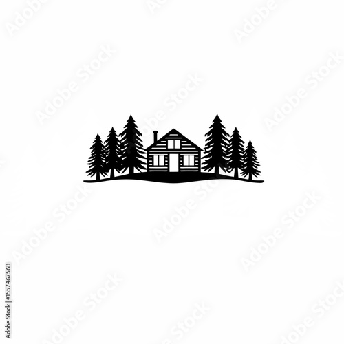 Silhouette of a cabin in the woods on white background