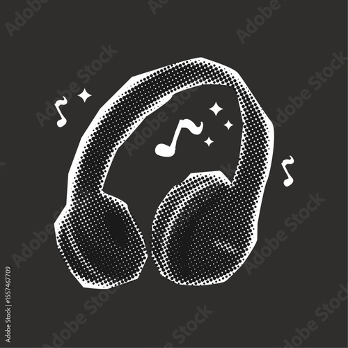 Halftone collage headphones cut out from paper, podcast concept,can be used  for blog cover, radio shows, streaming, audio content design