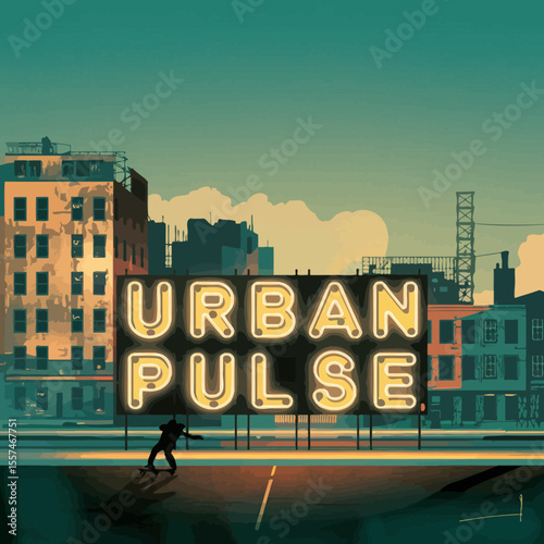 A lone skateboarder silhouetted against a vibrant neon sign that reads urban pulse in a stylized cityscape at dusk