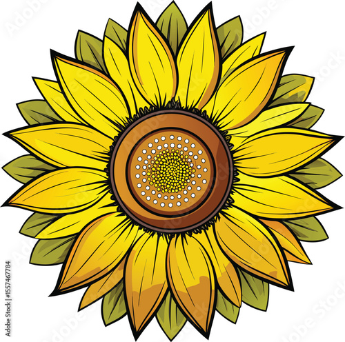 Vibrant yellow sunflower bloom with detailed petals and seed head illustration