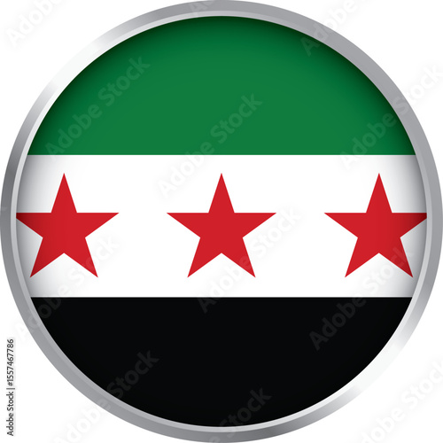 round icon of syrian independence flag with three red stars and metallic border – symbol of freedom and identity

