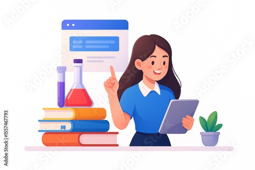 Student learning with tablet and science equipment, exploring education concepts in a bright, engaging, and illustrative learning environment.