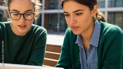 Two focused female students discuss and point at a laptop screen outdoors.