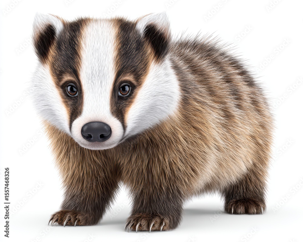 Fototapeta premium Adorable Baby Badger Portrait Brown and White Fur, White Background