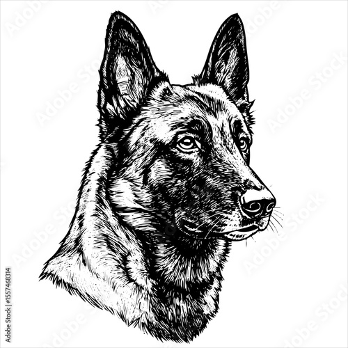 head chow Belgian Malinois pet portrait engraving intricate retro hand drawn style line art black and white vector illustration, isolated on white background