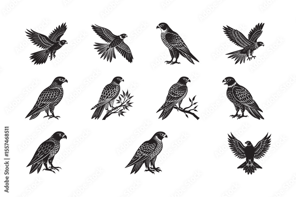 Obraz premium silhouette of falcon set bundle on the white background