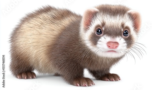 Adorable Young Ferret with Brown and Tan Fur Against White Background