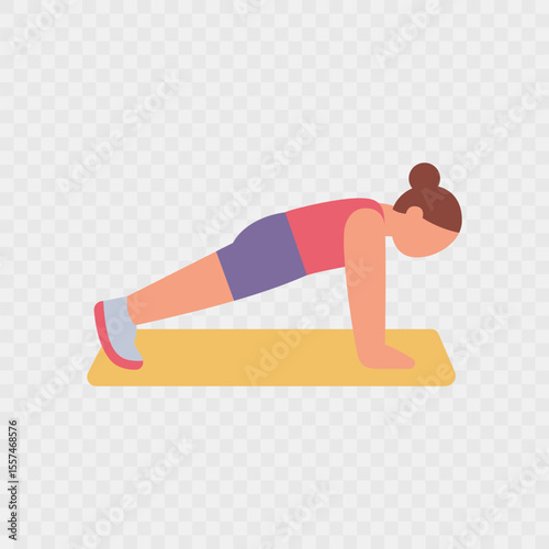 Flat-style illustration of a woman performing a plank exercise on a mat. Ideal for fitness apps, infographics, health and sports content. Vector illustration EPS10.