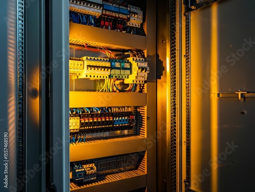 Intricate electrical panel with warm illumination and organized wiring