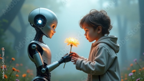 Un robot humanoide ofrece una flor brillante a un niño en un ambiente suave y brumoso. Concepto de compasión y cuidado futuro