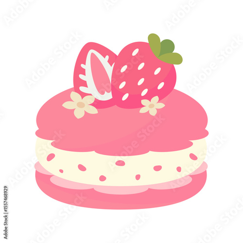 Strawberry Macaron with Fresh Strawberry Topping on a white background.