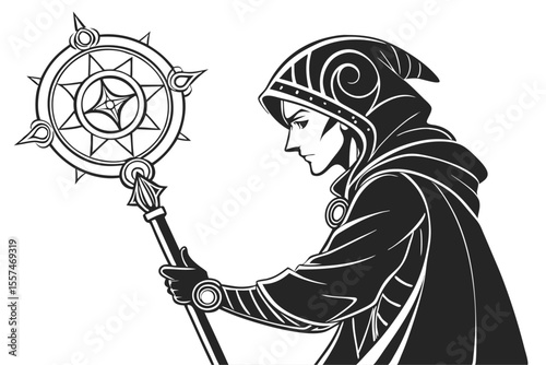 Fantasy Anime Mage Character Vector Illustration with Detailed Staff and Dog