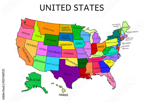 A colorful map of the United States. The map is divided into sections and each section is labeled with a different state