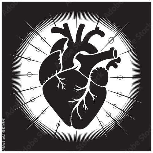 Black and white anatomical heart with radiating lines