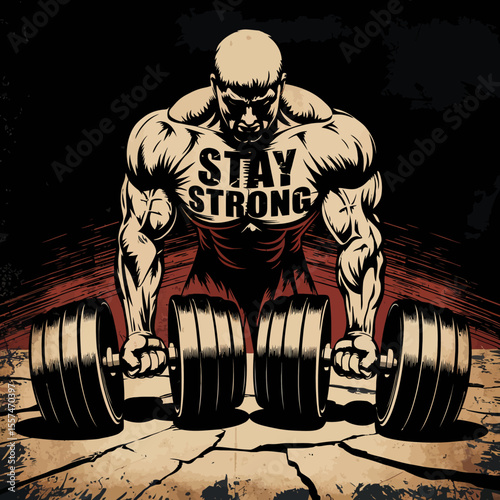 Powerful muscular man holding dumbbells with stay strong text on chest inspiring fitness motivation and strength training