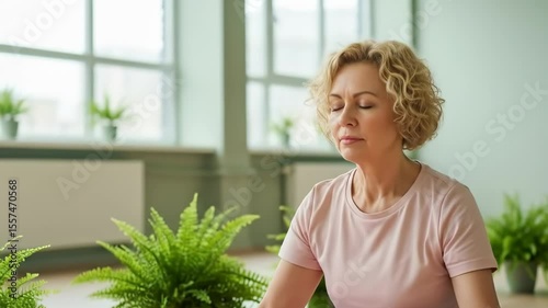serene mature blonde woman meditates peacefully in a bright yoga studio surrounded by vibrant green plants.