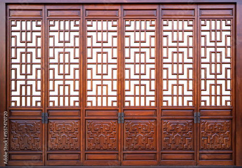 China red brown wood door and Decoration beam and wood pole with white path di cut background window