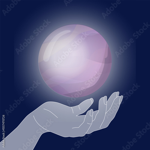 Magic crystal ball in hand. Witch mystical and magical ritual. Spiritual secret of future wizard fortune teller. Esoteric astrology and fortune. Hand drawn vector illustration