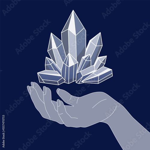 Magic crystal in hand. Witch mystical and magical ritual. Spiritual secret of the future fortune teller wizard. Esoteric astrology. Hand drawn vector illustration