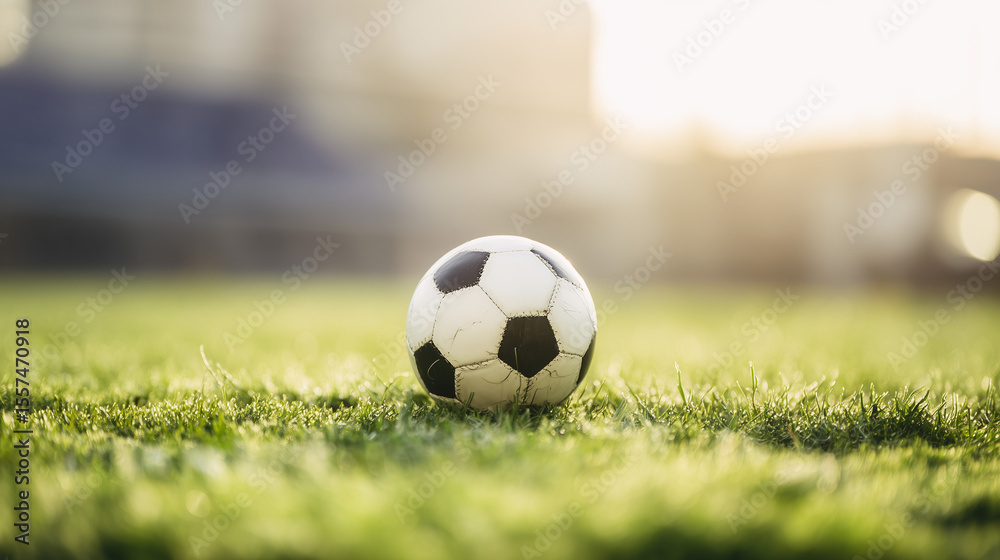Fototapeta premium A traditional soccer ball on green grass, symbolizing the essence of the beautiful game.