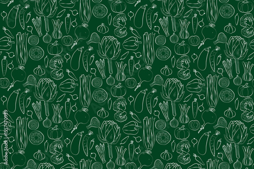 Seamless vegetable pattern on dark green background for culinary design. Seamless vector illustration. Vector hand drawn illustration