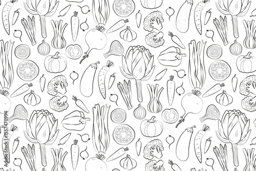 Seamless vegetable pattern for culinary design. Seamless vector illustration. Vector hand drawn illustration