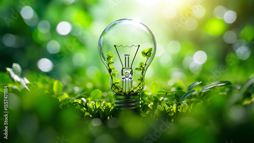 Green Plant Sprout Inside Light Bulb; Eco-Friendly Energy Concept; Lush Green Background; Sustainable Growth Image
