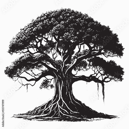A majestic banyan tree stands as a sentinel its sprawling canopy a haven for countless creatures its roots anchoring it firmly to the earth a testament to the enduring power of nature.