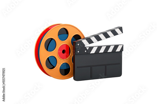 Orange and red film reel with black and white movie clapperboard for cinema production, isolated on a transparent background