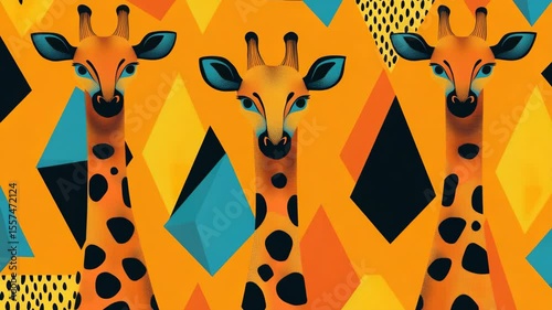 Three giraffes illustrated with vibrant colors and geometric shapes against a backdrop of a triangular pattern, creating an abstract and modern take on traditional animal prints.