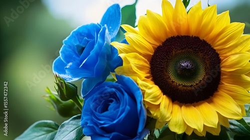 Vibrant Sunflower and Blue Roses Bouquet Closeup