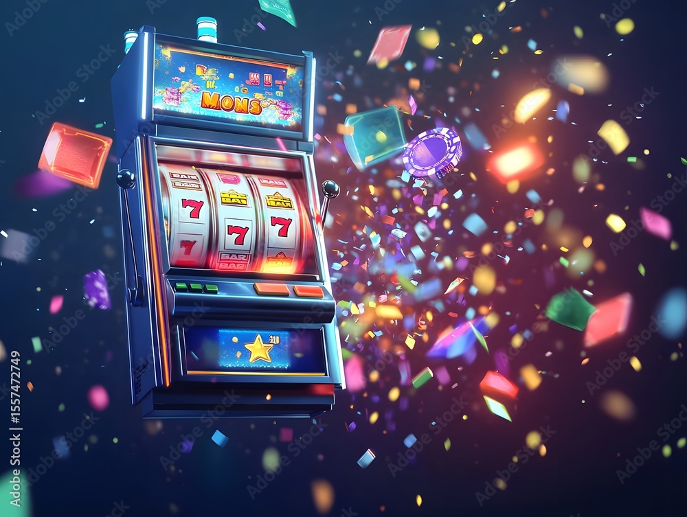 Naklejka premium jackpot alert message on a slot machine screen with glowing UI elements and confetti burst 
