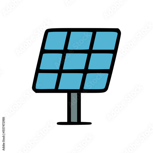 Flat style solar power icon with blue grid cells and black stand representing renewable electricity generation