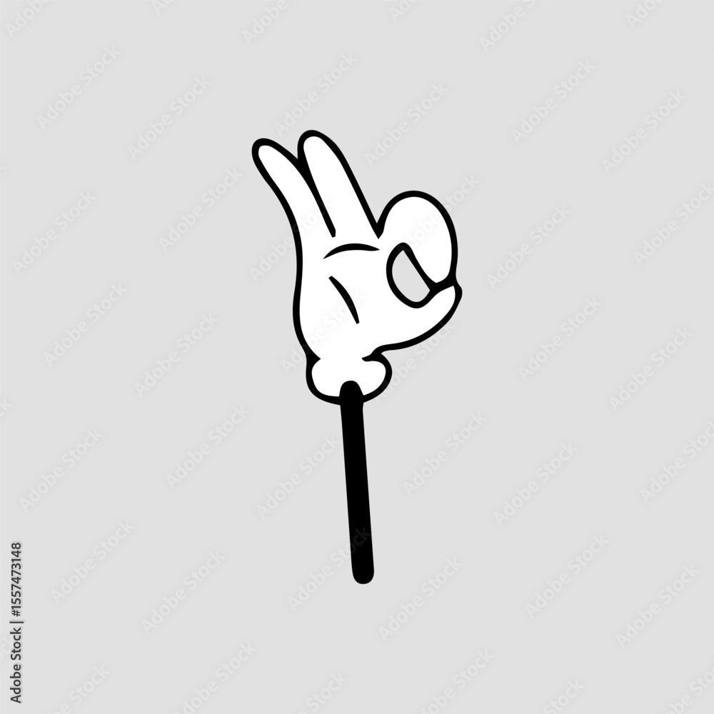 Fototapeta premium Handrawn hand comic character element stock. Cartoon hands. Comic arms with four and five fingers in white gloves with various gestures, cartoon character body parts. 