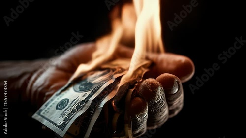Wallpaper Mural A hand holding burning dollar bills against a dark background, symbolizing financial loss and desperation Torontodigital.ca