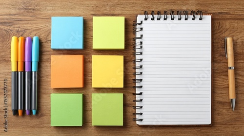 Organizing ideas highangle shot of desk with sticky notes notepad and planer in a creative workspace
