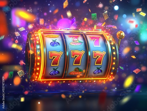 jackpot alert message on a slot machine screen with glowing UI elements and confetti burst 
