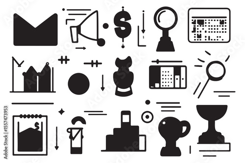 A compilation of several solid black business and financial icons stand boldly against a white backdrop