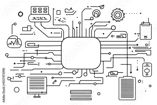 Black and white futuristic circuit board shows connection between various technology devices in outline